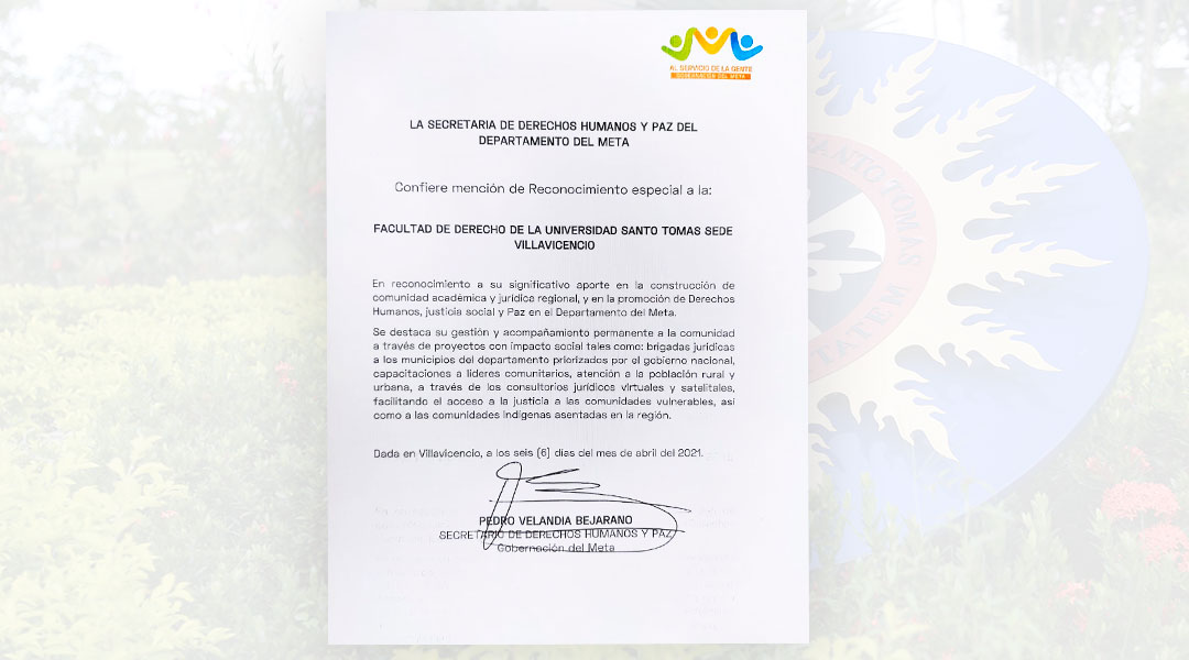 Facultad de Derecho de la Santoto recibió reconocimiento por parte de la Secretaría de Derechos Humanos de la Gobernación del Meta